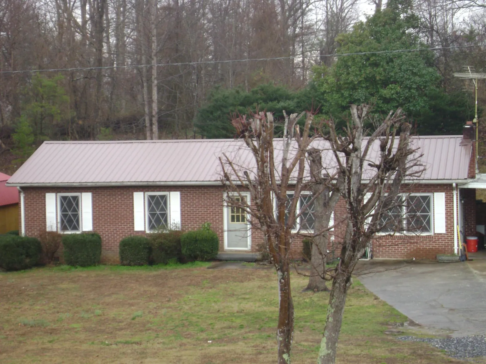 Mauve metal roof on a brick ranch home behind bare trees in Vermillion